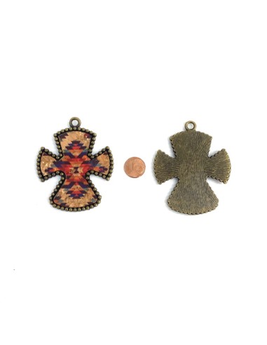 Grand pendentif croix bronze travaillé multicolore effet doré