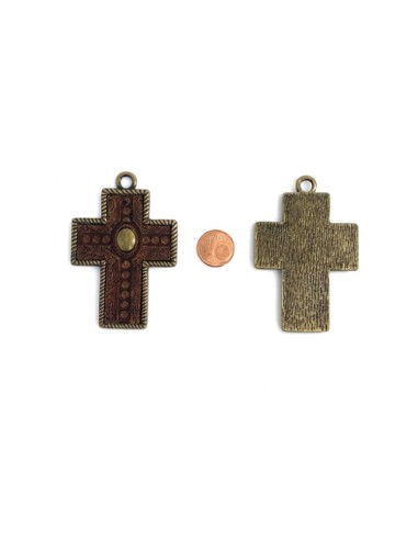 Pendentif croix simili cuir marron et métal bronze pour porte clé