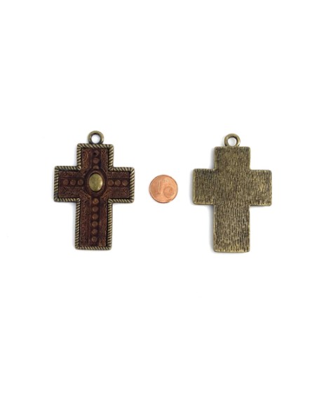 Pendentif croix simili cuir marron et métal bronze pour porte clé