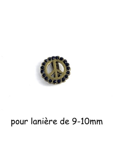 Perle passant peace bronze avec strass noir pour lanière de 10mm