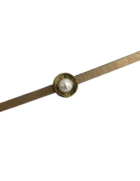 Perle slide avec perle style nacre en métal doré pâle pour lanière de 5mm Perle slide avec perle style nacre en métal doré pâle pour lanière de 5mm