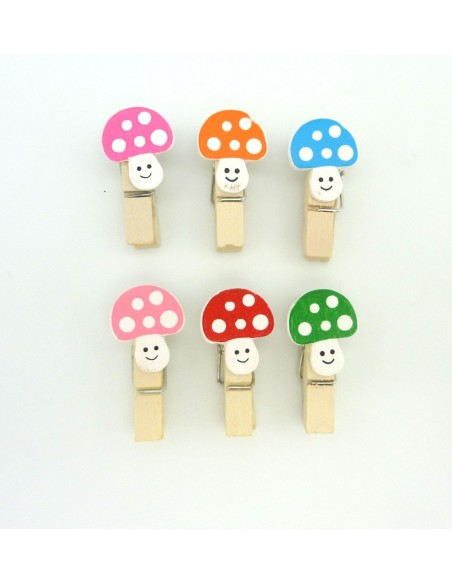 R-Lot de 6 mini pinces à linge champignon en bois 35mm