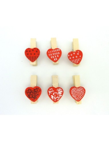 R-Lot de 6 mini pinces à linge coeur rouge en bois 35mm