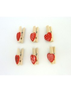 R-Lot de 6 mini pinces à linge coeur rouge en bois 35mm 2
