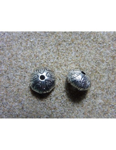 R-Perle ronde aplatie, toupie motif feuille en métal argenté 9,7mm