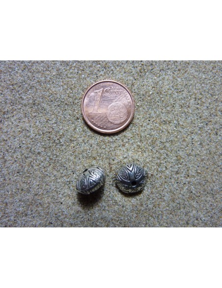 R-Perle ronde aplatie, toupie motif feuille en métal argenté 9,7mm