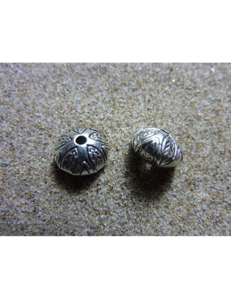 R-Perle ronde aplatie, toupie motif feuille en métal argenté 9,7mm