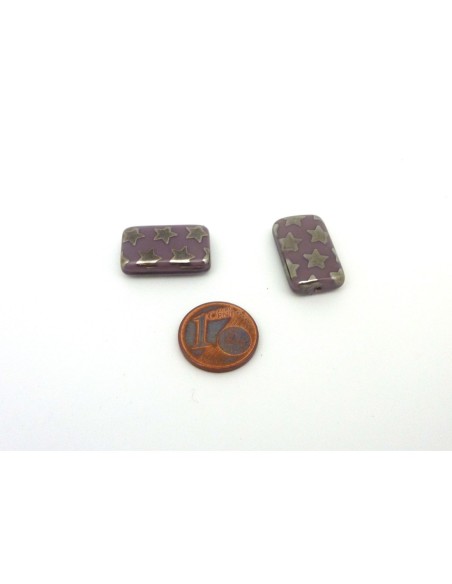 perle rectangulaire en verre motif étoile argenté et fond mauve