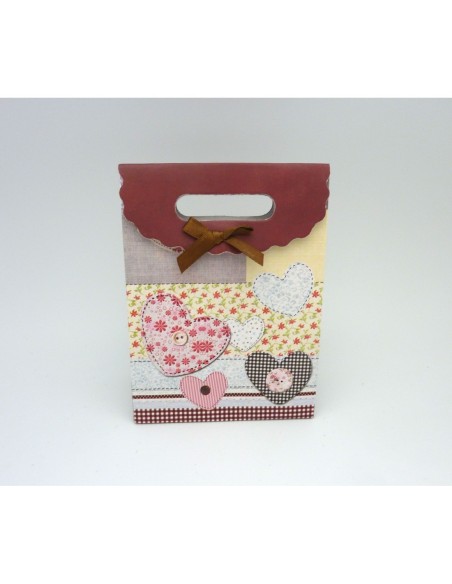 Pochette Cadeaux patchwork multicolore et coeur sur fond grenat