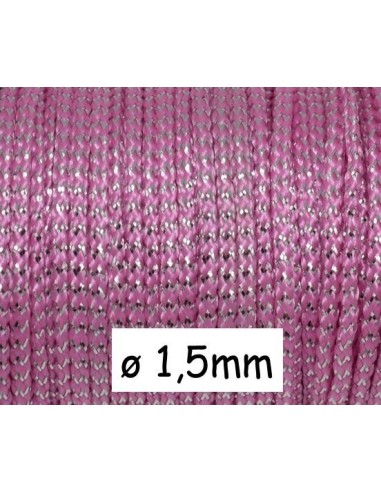 Cordon polyester tressé rose et argenté 1,5mm