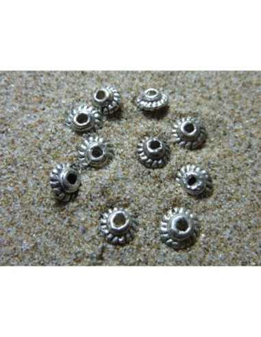 10 Perles ronde, toupie en métal argenté strié 5,2mm