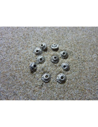 10 Perles ronde, toupie en métal argenté strié 5,2mm