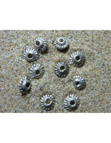 10 Perles ronde, toupie en métal argenté strié 5,2mm