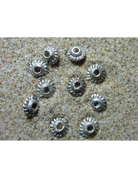 10 Perles ronde, toupie en métal argenté strié 5,2mm