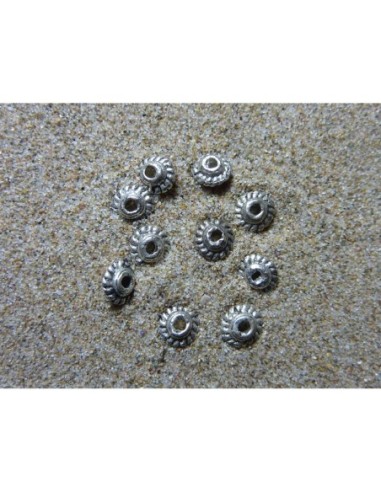 10 Perles ronde, toupie en métal argenté strié 5,2mm