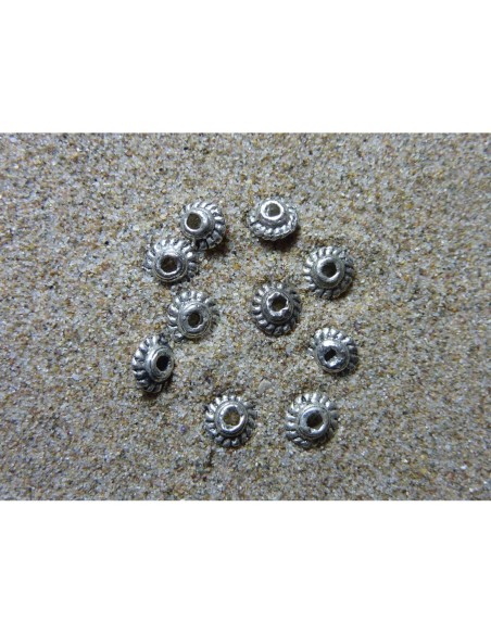 10 Perles ronde, toupie en métal argenté strié 5,2mm