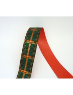 Ruban fantaisie carreaux rouge, noir, doré sur fond vert 3cm