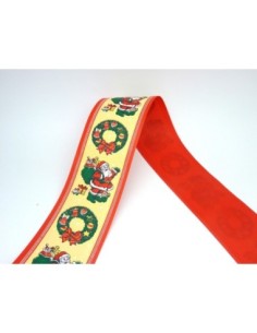Ruban fantaisie Père Noël, sa hotte 7cm sur fond crème papier