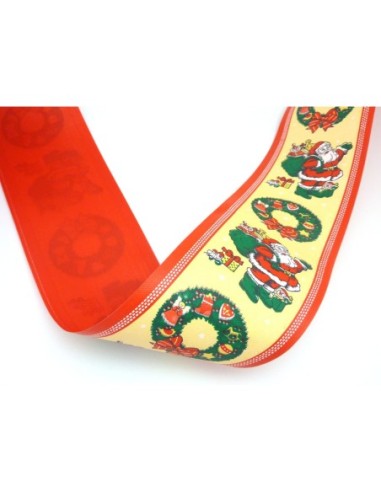 Ruban fantaisie Père Noël, sa hotte 7cm sur fond crème papier