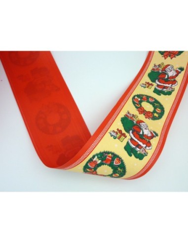 Ruban fantaisie Père Noël, sa hotte 7cm sur fond crème papier