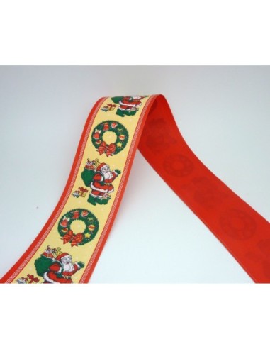Ruban fantaisie Père Noël, sa hotte 7cm sur fond crème papier