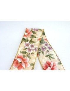 Ruban fantaisie fleur sur fond crème en tissu liseret doré larg. 6,7