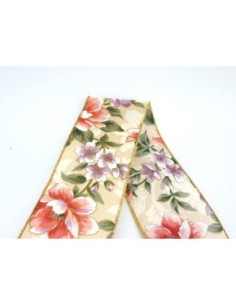 Ruban fantaisie fleur sur fond crème en tissu liseret doré larg. 6,7 2