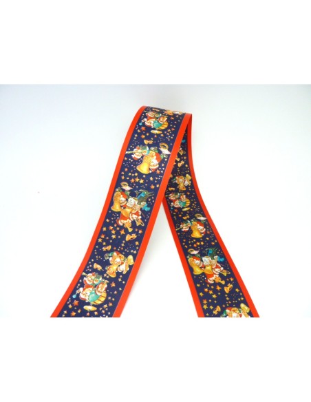 Ruban fantaisie Père Noël et sa fanfare sur fond bleu marine 5cm