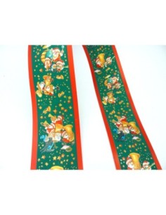 Ruban fantaisie Père Noël et sa fanfare sur fond vert sapin 5cm