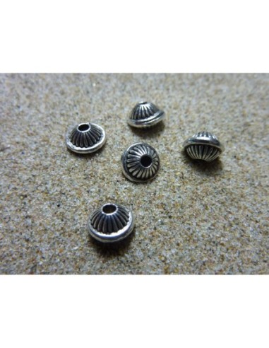 Perle toupie, ronde en métal argenté strié 7mm