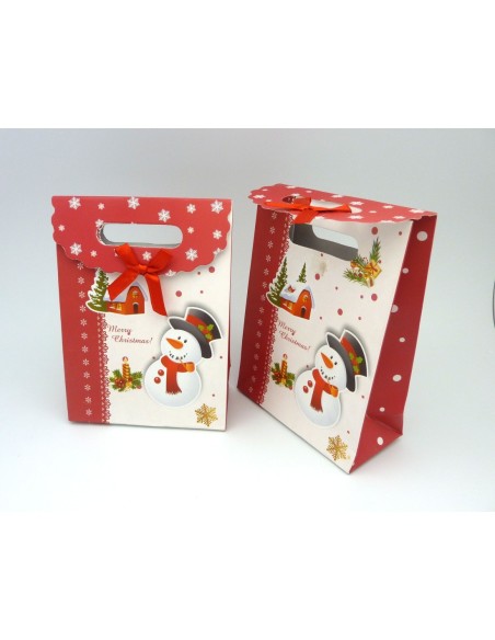 R-Pochette Cadeaux bonhomme de neige Nœud satin rouge