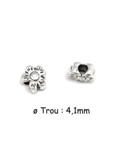 Perle fleur argenté à gros trou en métal pour cordon de 4mm