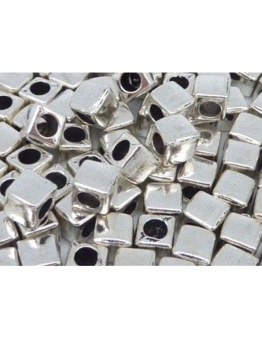 5 Perles cube, facette 6,3mm en métal argenté, à gros trou 