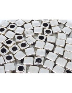 5 Perles cube, facette 6,3mm en métal argenté, à gros trou  2