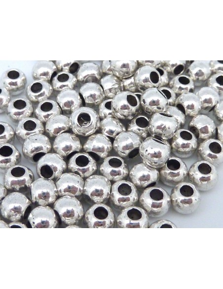 Perle ronde lisse 5mm en métal argenté pour cordon cuir 2mm