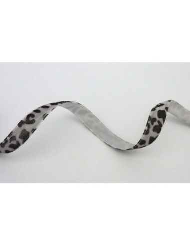 Ruban plat 10mm velours  gris motif panthère pas cher
