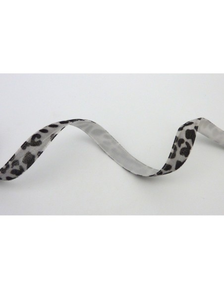 Ruban plat 10mm velours  gris motif panthère pas cher