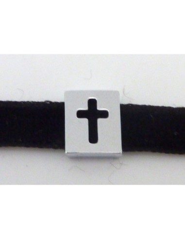 Perle passant 10mm rectangle croix en métal argenté brillant lisse