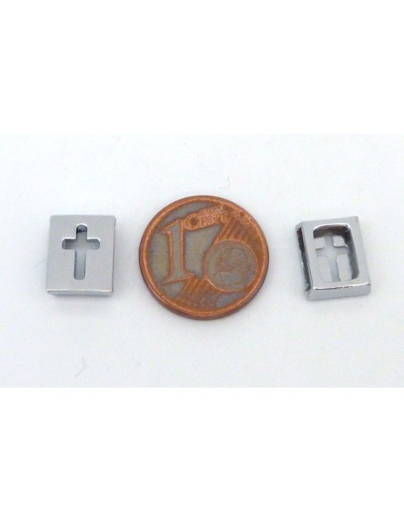Perle passant 10mm rectangle croix en métal argenté brillant lisse