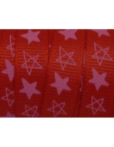 Ruban plat motif étoile rose sur fond rouge 10mm de large