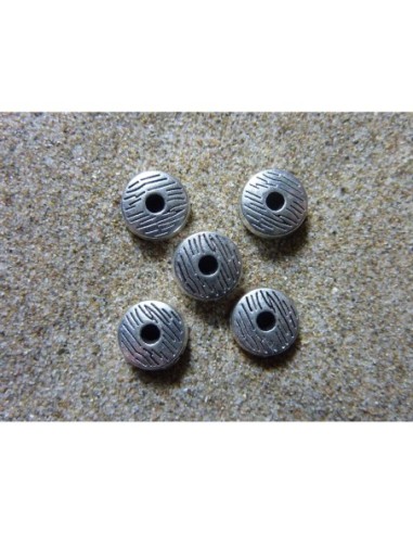 5 Perles rondelle, connecteur en métal argenté, gravé 8,1mm