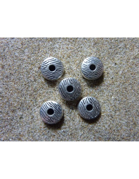 5 Perles rondelle, connecteur en métal argenté, gravé 8,1mm