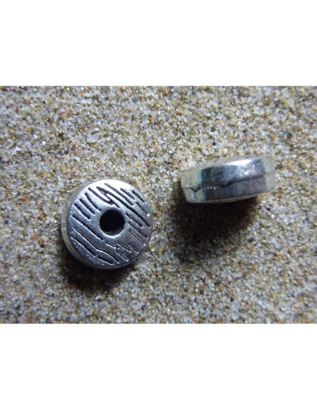 5 Perles rondelle, connecteur en métal argenté, gravé 8,1mm