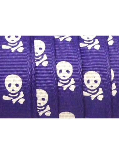 Galon plat 10mm avec motif tête de mort blanche sur fond violet