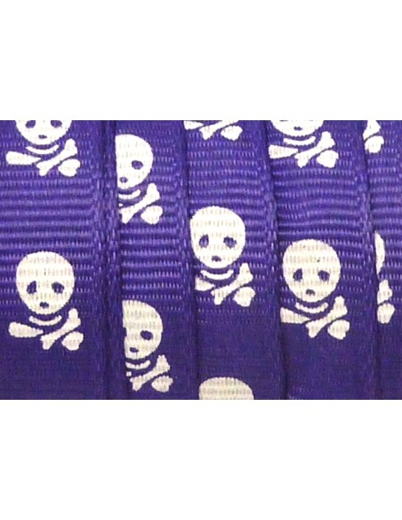 Galon plat 10mm avec motif tête de mort blanche sur fond violet