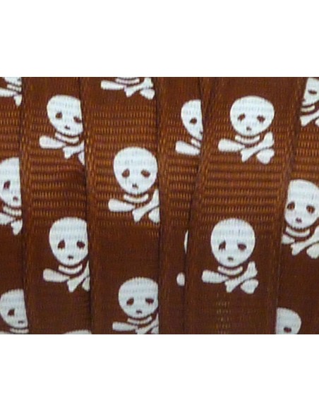 Ruban plat marron 10mm avec motif tête de mort blanche