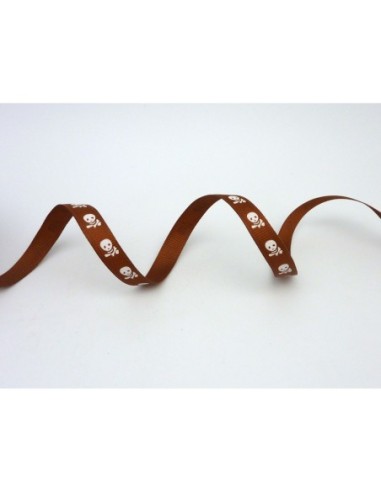 Galon fantaisie avec tête de mort blanche sur fond marron