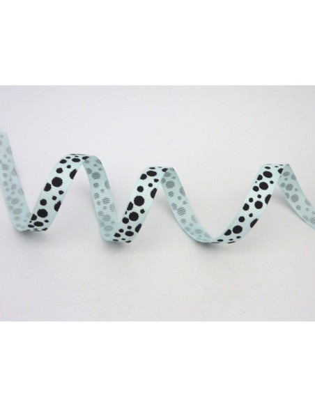 Ruban plat en polyester 10mm bleu pâle à pois noirs 