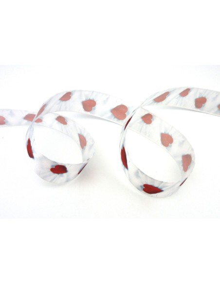 Galon motif coeur rouge sur fond blanc et gris 25mm