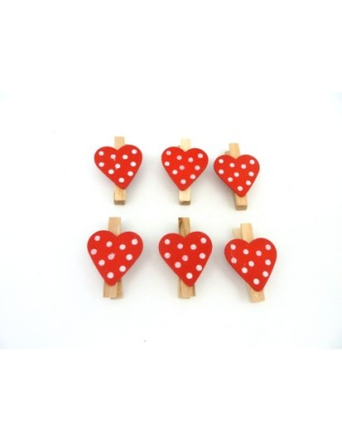 R-Lot de 6 mini pinces à linge coeur rouge à pois blanc en bois 45mm
